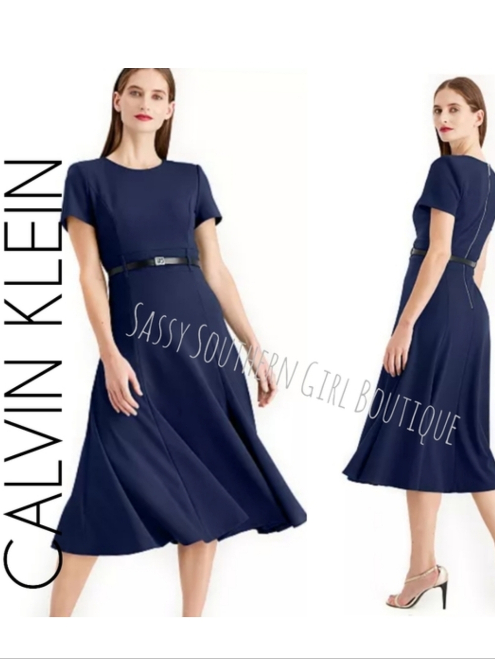 ⭐🆕 Calvin Klein Navy Blue Belted Midi Dress
